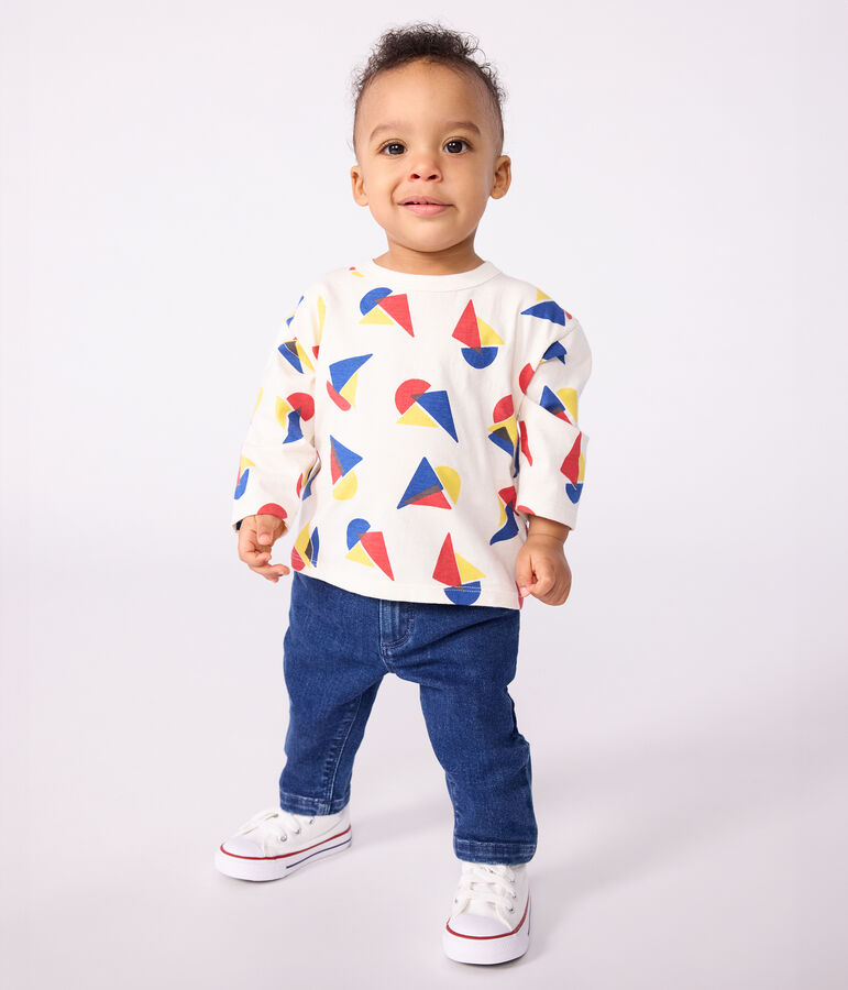 Babies' long-sleeved boat-print cotton T-shirt Ecru/multicolor