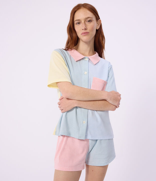Women's striped cotton button-front pyjama shorts white/multicolor