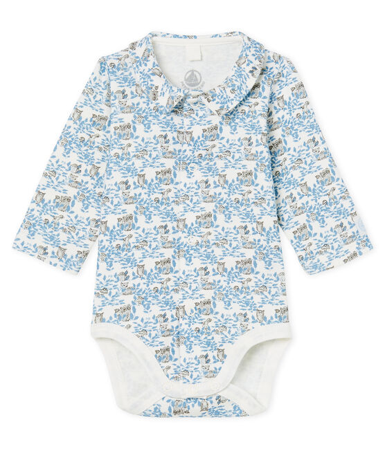 Newborn Baby Boys' Long-Sleeved Ribbed Bodysuit MARSHMALLOW white/TOUDOU blue/MULTICO