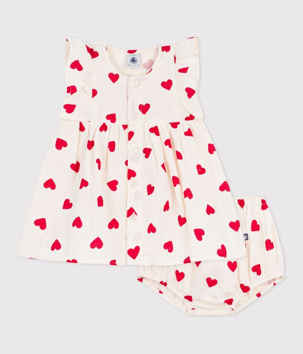 Babies' cotton baby dress with bloomers, printed with hearts red/red