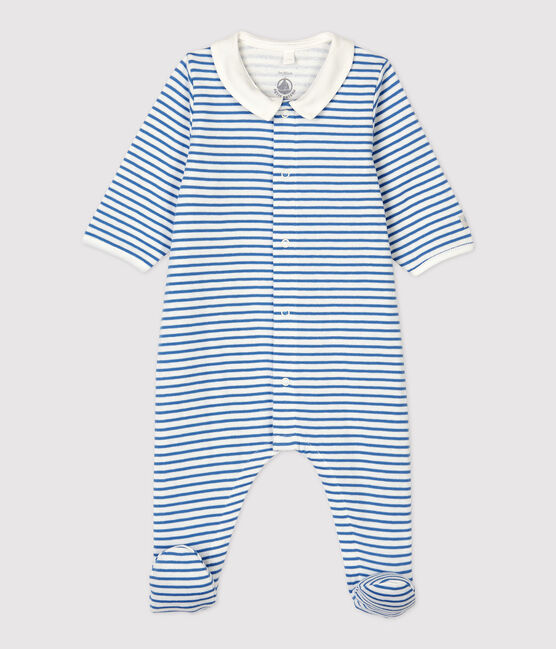 Babies' Blue Stripy Organic Cotton Sleepsuit with Collar MARSHMALLOW white/ALASKA blue