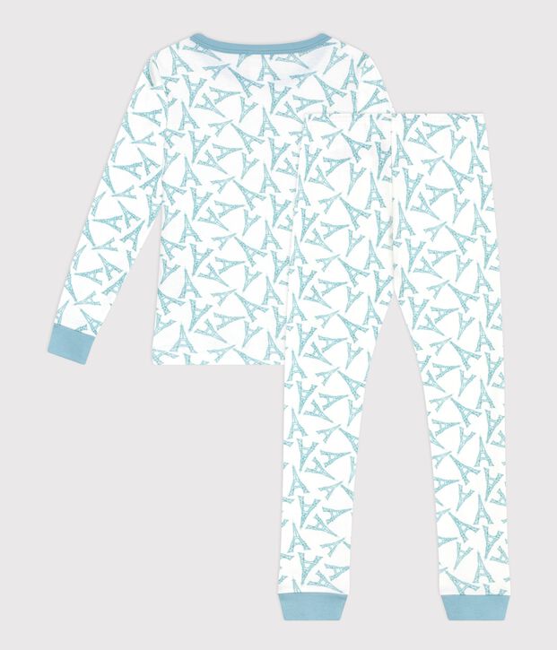 Children's very snug fitting Eiffel Tower print cotton pyjamas white/green/multicolor