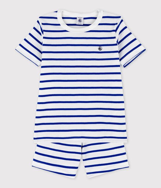 Boys' Stripy Cotton Short Pyjamas MARSHMALLOW white/SURF blue
