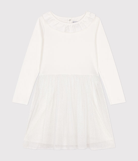 Girls' dress in rib-knit and tulle MARSHMALLOW white