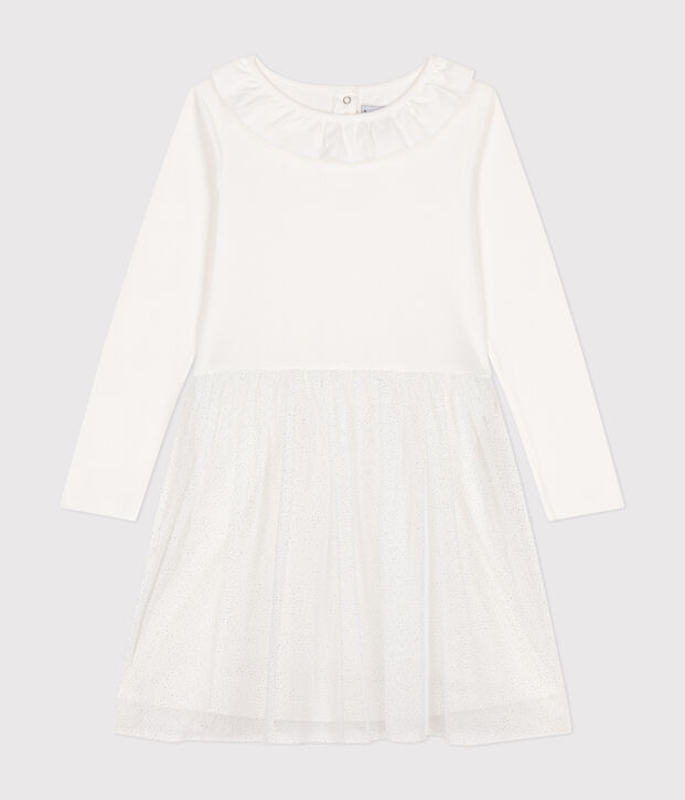 Girls' dress in rib-knit and tulle white
