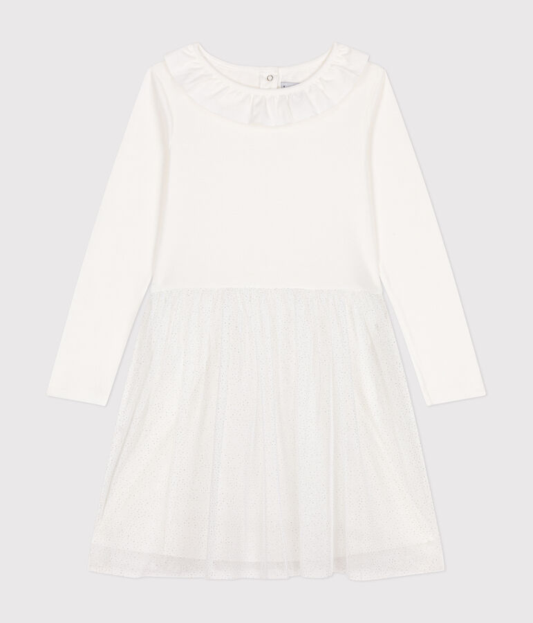 Girls' dress in rib-knit and tulle white