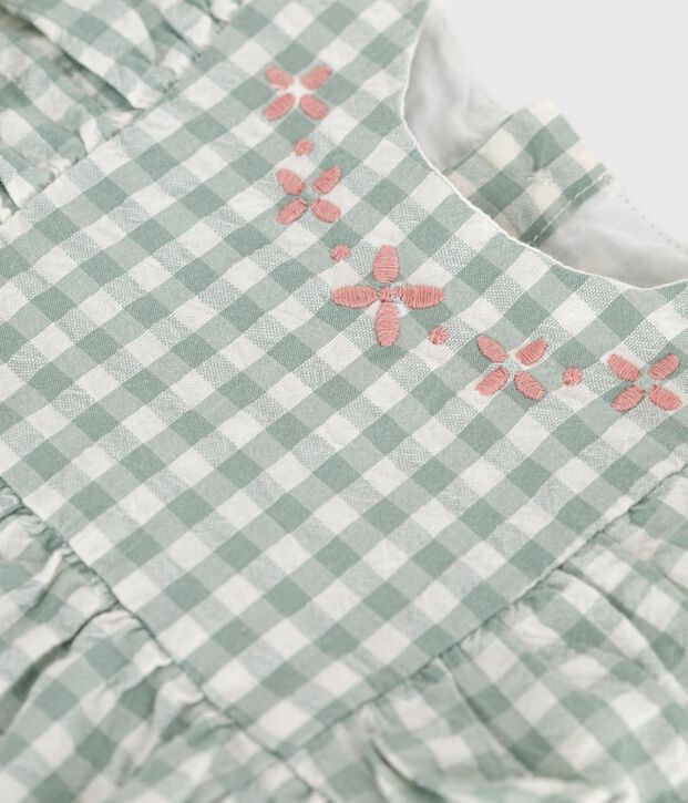 Babies' sleeveless cotton rompers with a gingham print and an embroidered collar green/white