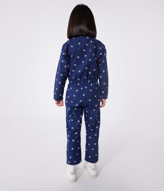 Children's long-sleeved floral cotton jumpsuit MEDIEVAL blue/MARSHMALLOW white