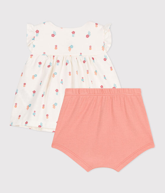 Newborn babies' two-piece cotton set with a ruffled blouse MARSHMALLOW white/MULTICO white