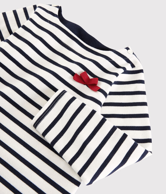 Girls' Jersey Breton Top MARSHMALLOW white/SMOKING blue