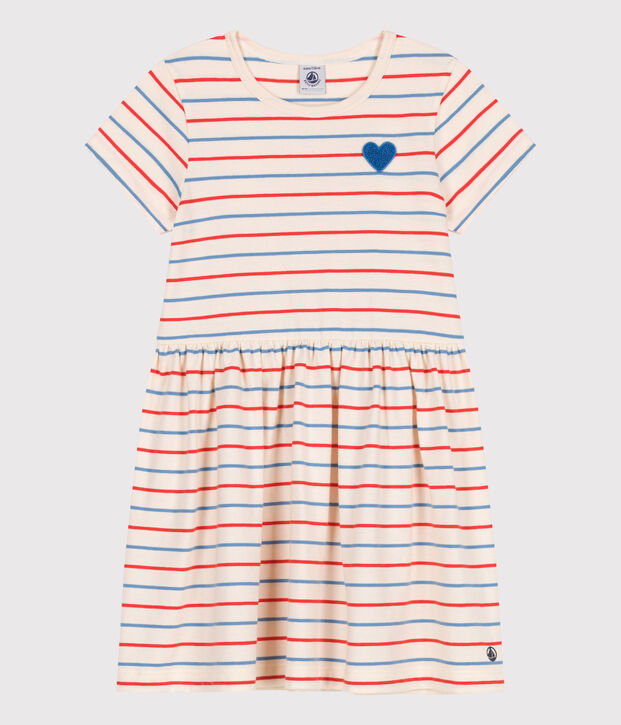 Children's short-sleeved stripy cotton dress with a heart badge Ecru/multicolor