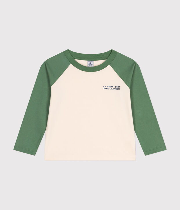 Boys' long-sleeved fine jersey T-shirt Ecru/green
