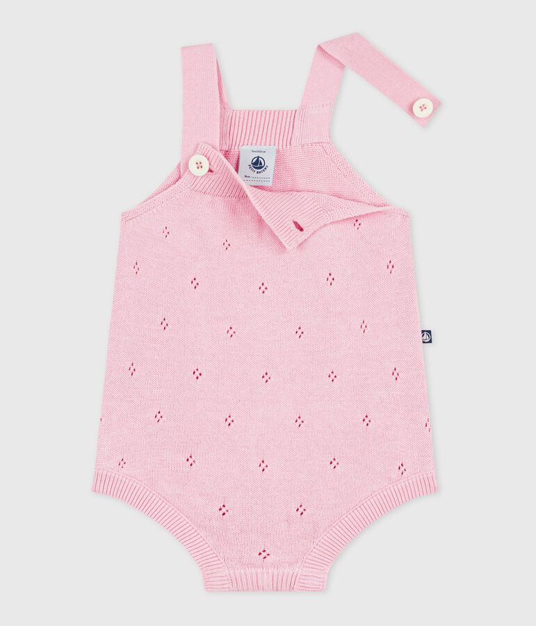 Babies' short openwork knit cotton playsuit pink