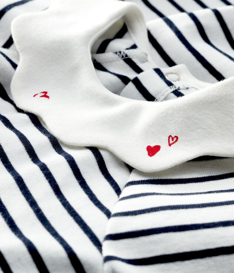 Baby Girls' Short-Sleeved Stripy Rib Knit Dress MARSHMALLOW white/SMOKING blue