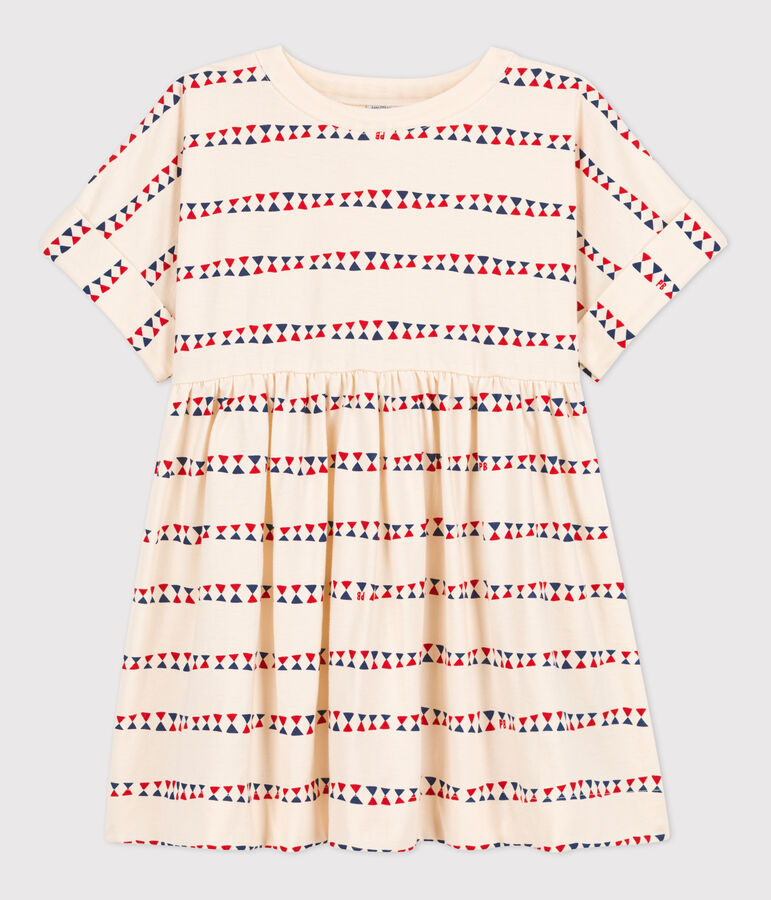 Girls' Short-Sleeved Patterned Cotton Dress Ecru/multicolor