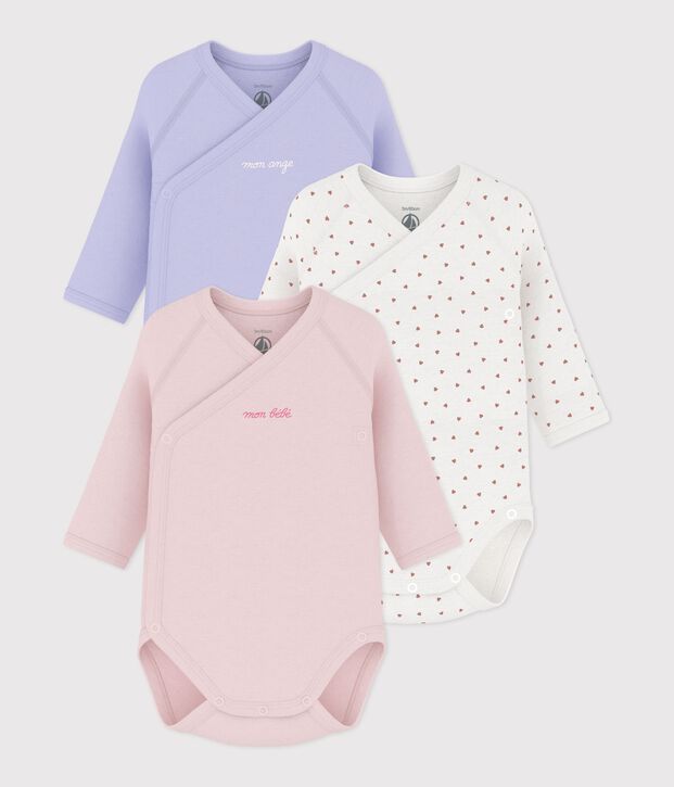 Pack of babies' long-sleeved printed cotton wrapover bodies multicolor