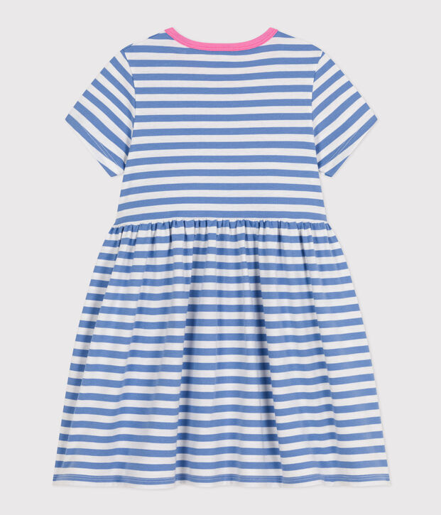 Girls' Stripy Short-Sleeved Cotton Dress blue/white