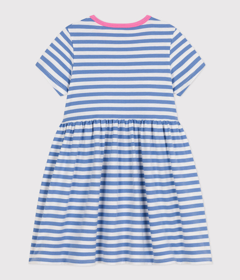 Girls' Stripy Short-Sleeved Cotton Dress blue/white