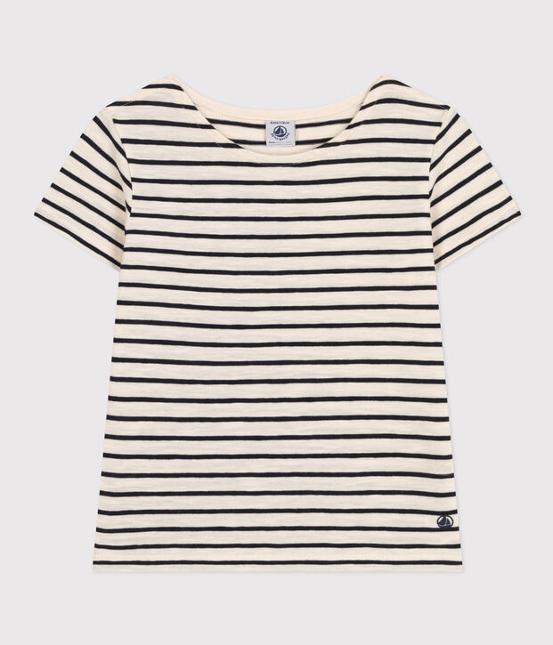 Girls' Stripy Slub Jersey T-shirt Ecru/blue