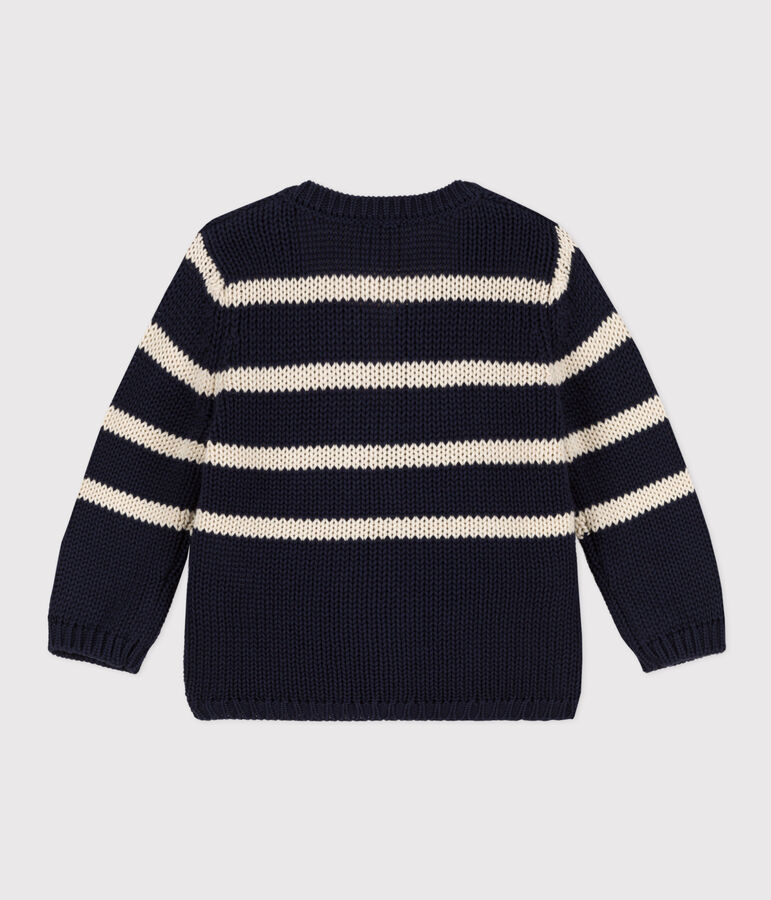 Babies' Stripy Knitted Cotton Cardigan blue/ecru