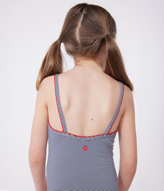 Children's one-piece stripy swimsuit MEDIEVAL blue/MARSHMALLOW white