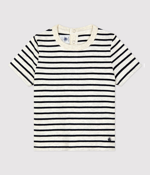 Babies' Cotton Striped Short-Sleeved T-Shirt beige/blue