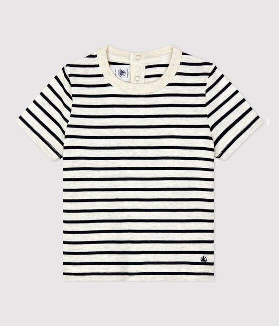 Babies' Cotton Striped Short-Sleeved T-Shirt MONTELIMAR beige/SMOKING blue