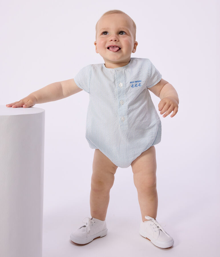 Babies' short-sleeved stripy cotton rompers white/blue