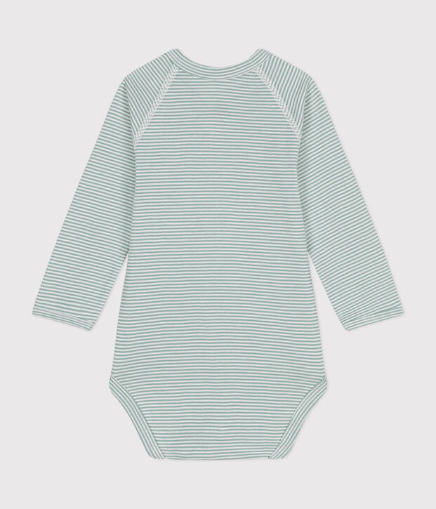 Babies' Long-Sleeved Cotton Wrapover Bodysuit. green/white