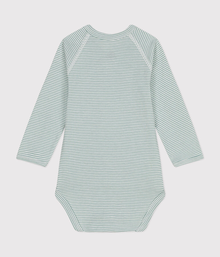 Babies' Long-Sleeved Cotton Wrapover Bodysuit. green/white