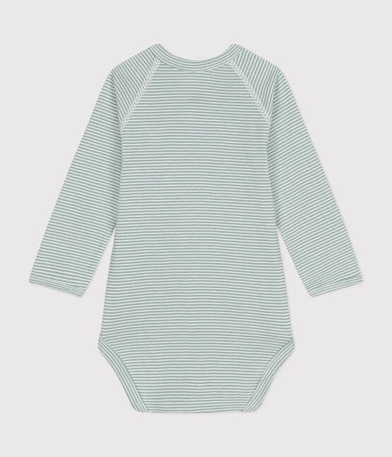 Babies' Long-Sleeved Cotton Wrapover Bodysuit. PAUL blue/MARSHMALLOW white