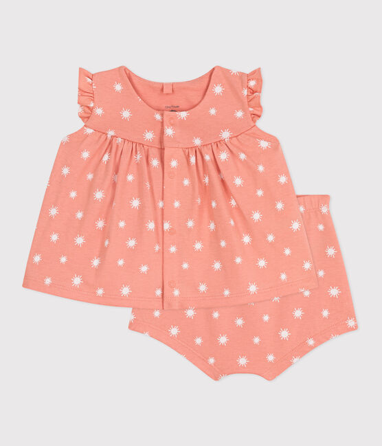 Newborn babies' two-piece sun print cotton set ABRICOT orange/MARSHMALLOW
