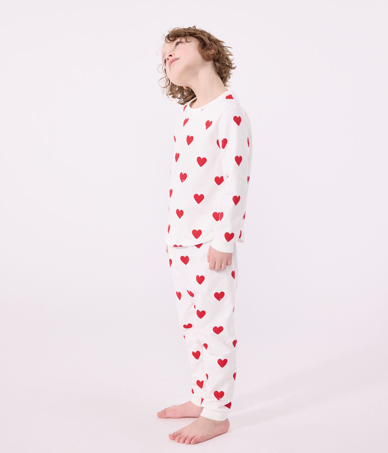 Children's hearts print ribbed pyjamas MARSHMALLOW white/TERKUIT red