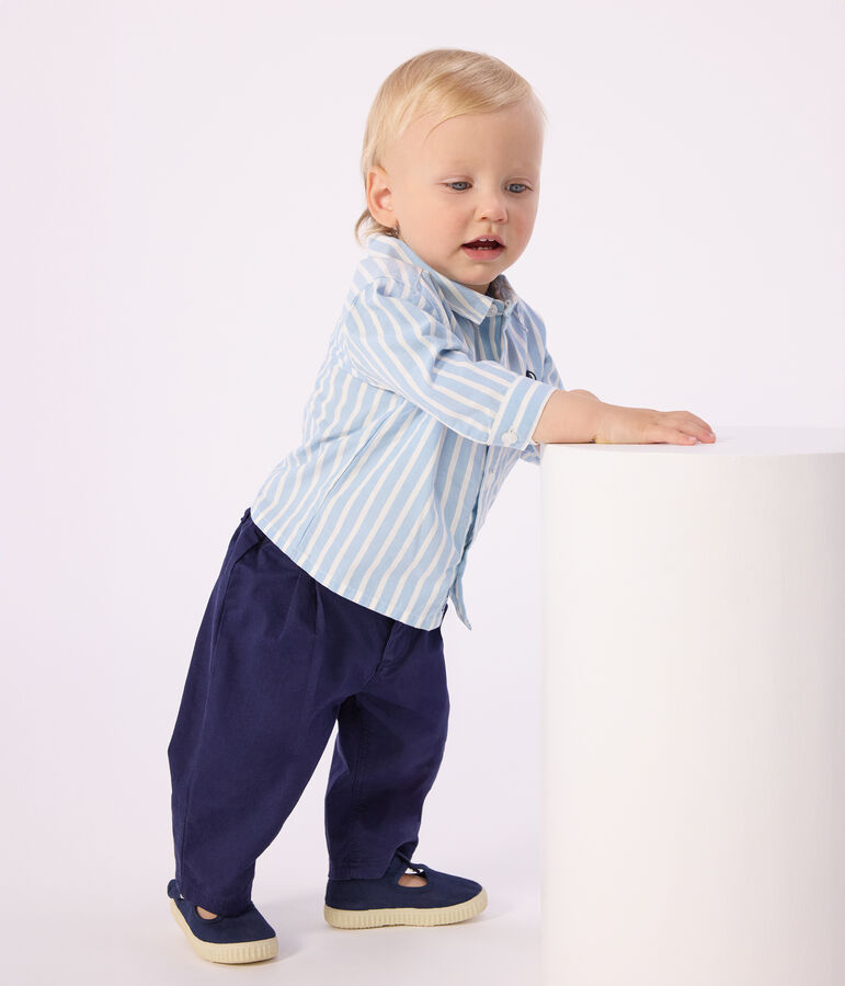 Babies' long-sleeved stripy cotton shirt blue/white