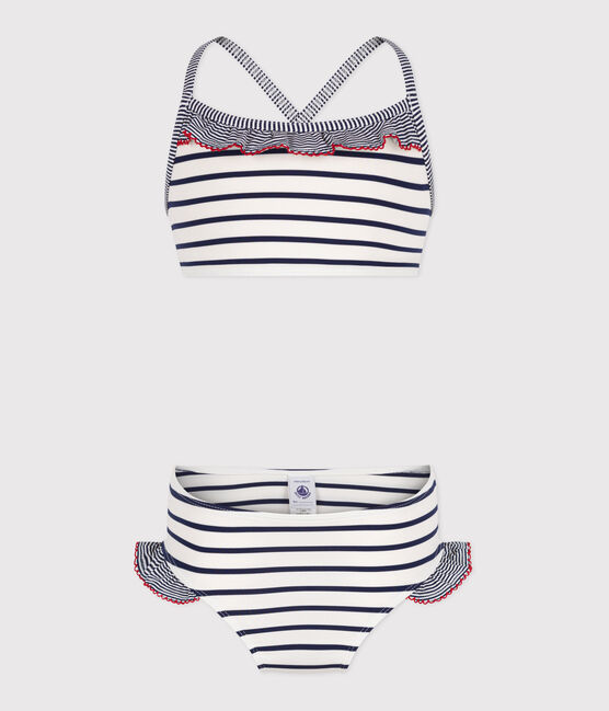 Children's two-piece stripy swimsuit MARSHMALLOW white/MEDIEVAL blue