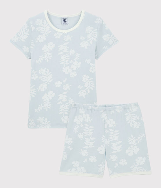 Girls' Blue Hawaiian Cotton Short Pyjamas PLEINAIR /MARSHMALLOW