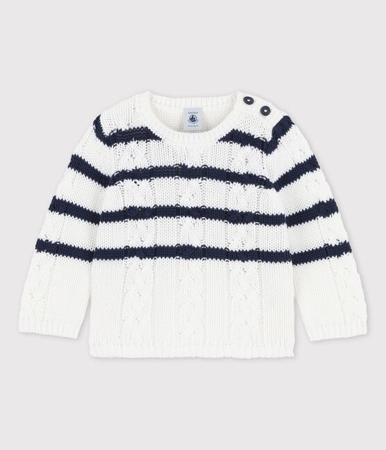 Babies' Cable Knit Jumper MARSHMALLOW white/SMOKING blue