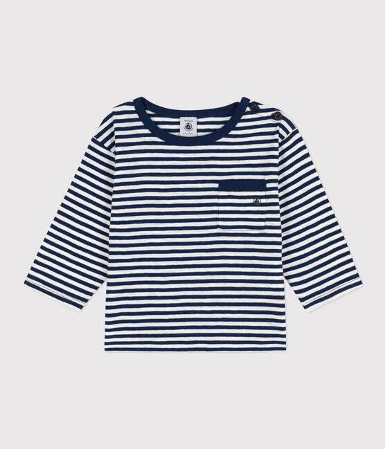 Babies' Stripy Slub Jersey Long-Sleeved T-Shirt MEDIEVAL blue/MARSHMALLOW white