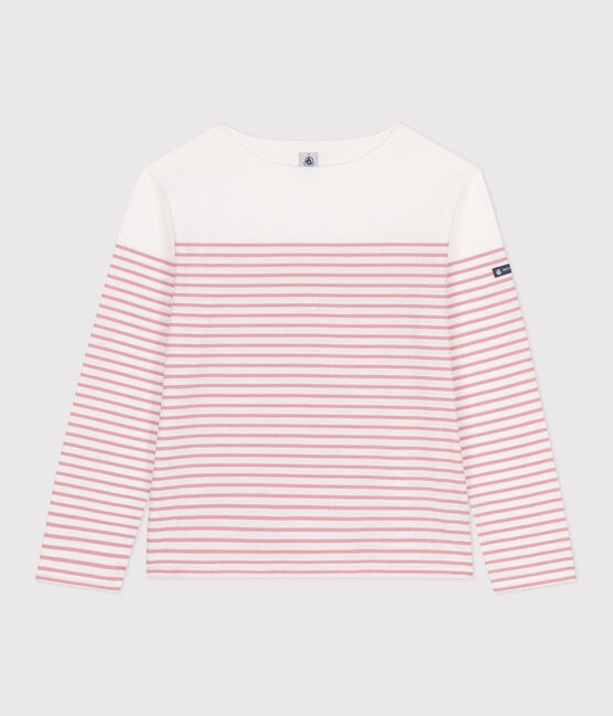 Women's long-sleeved cotton Breton t-shirt MARSHMALLOW white/CHARME pink