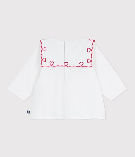 Babies' long-sleeved cotton poplin blouse with embroidered hearts ECUME white