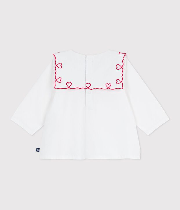 Babies' long-sleeved cotton poplin blouse with embroidered hearts white