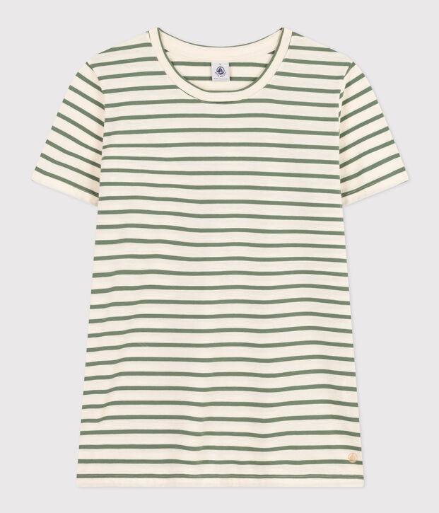 Women's Straight Round-Neck Cotton T-Shirt Ecru/green
