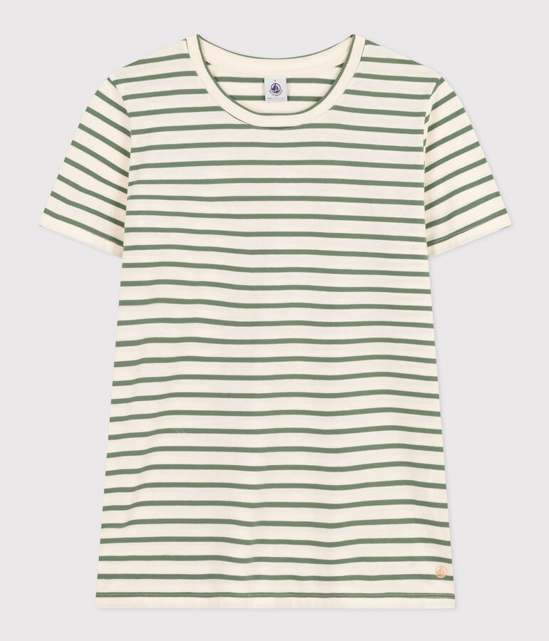 Women's Straight Round-Neck Cotton T-Shirt Ecru/green