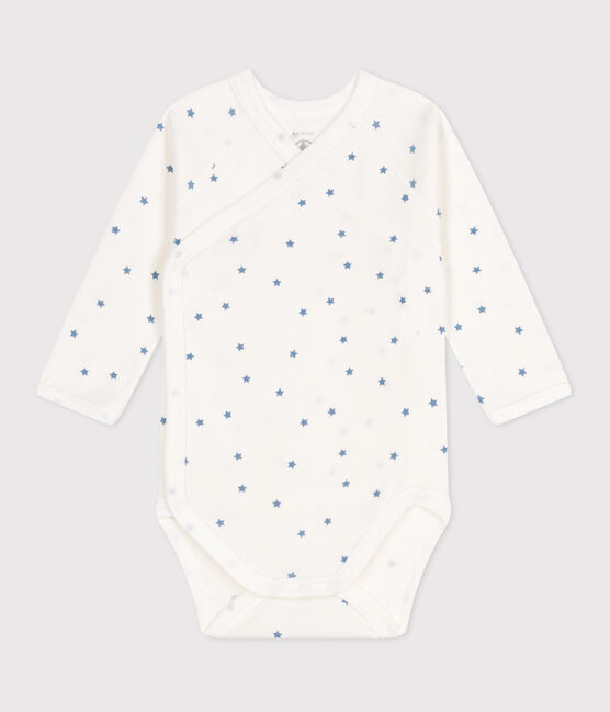 Babies' long-sleeved wrapover cotton bodysuit MARSHMALLOW white/ALASKA blue