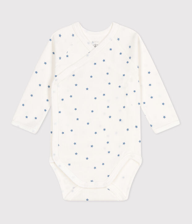 Babies' long-sleeved wrapover cotton bodysuit white/blue