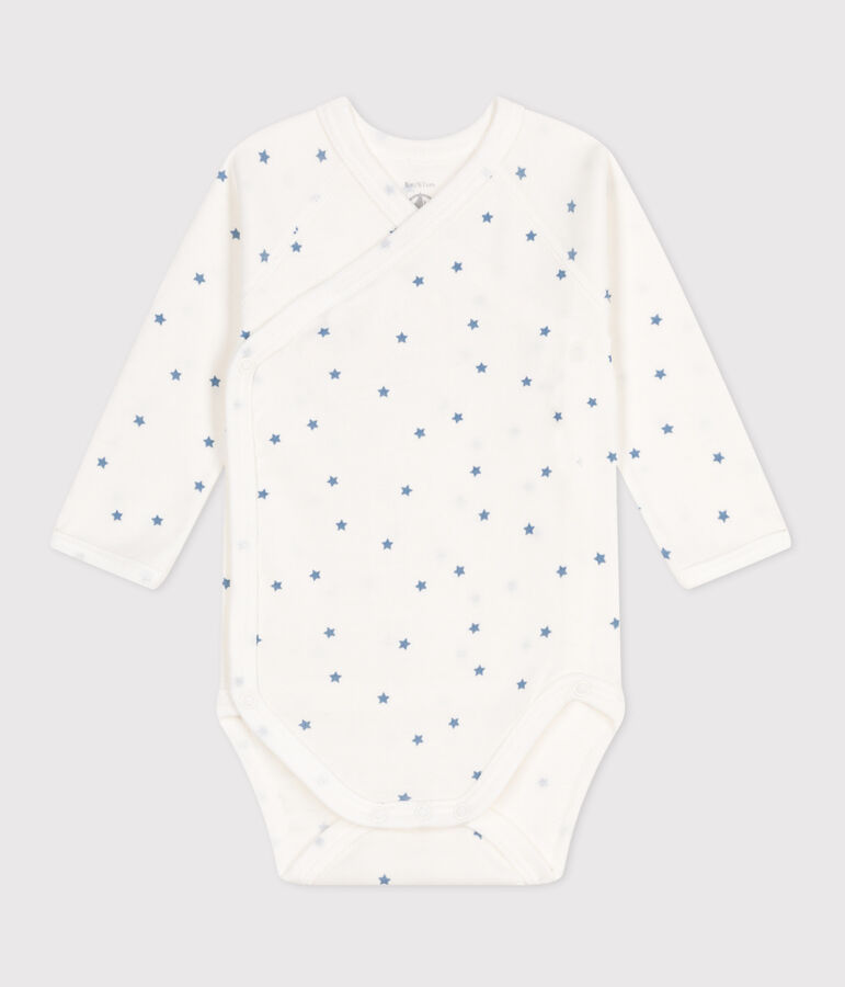 Babies' long-sleeved wrapover cotton bodysuit white/blue