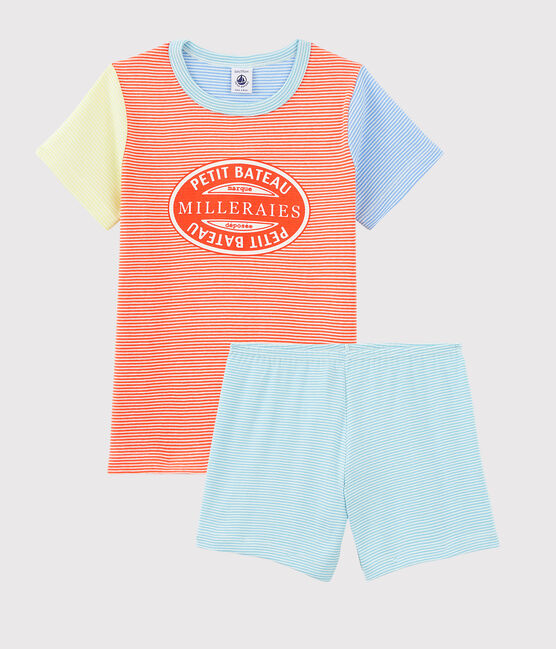 Boys' Colourful Pinstriped Cotton Short Pyjamas BRAZILIAN orange/MULTICO ecru