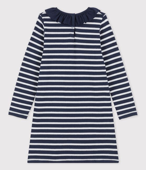 Girls' Long-Sleeved Cotton Dress SMOKING blue/MARSHMALLOW /ARGENT