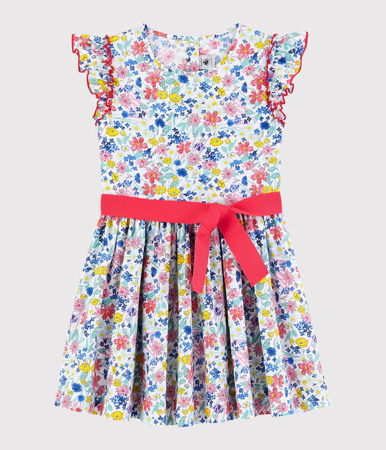 Girls' Short-Sleeved Poplin Dress MARSHMALLOW white/MULTICO white