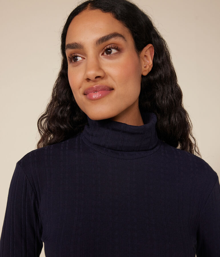 Women's iconic roll neck T-shirt in decorative rib knit blue